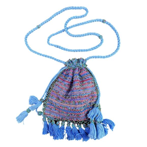 Vtg Womens Vibrant Blue Purple Beaded Drawstring pouch purse- some wear - Picture 1 of 6